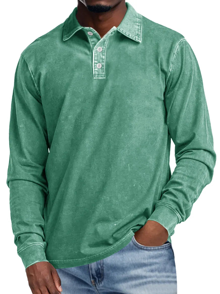 Vince | Men's Retro Lapel Button Casual Solid Colour Long Sleeve Polo Shirt