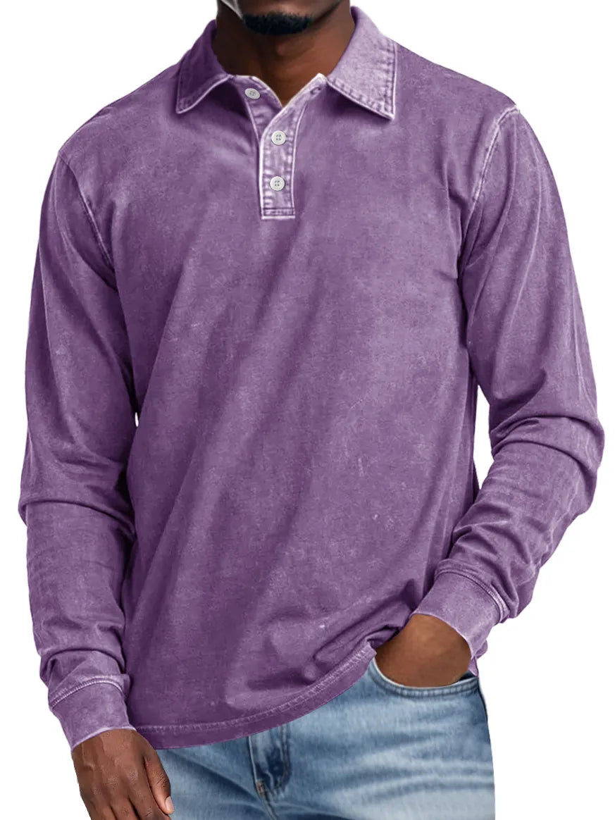Vince | Men's Retro Lapel Button Casual Solid Colour Long Sleeve Polo Shirt