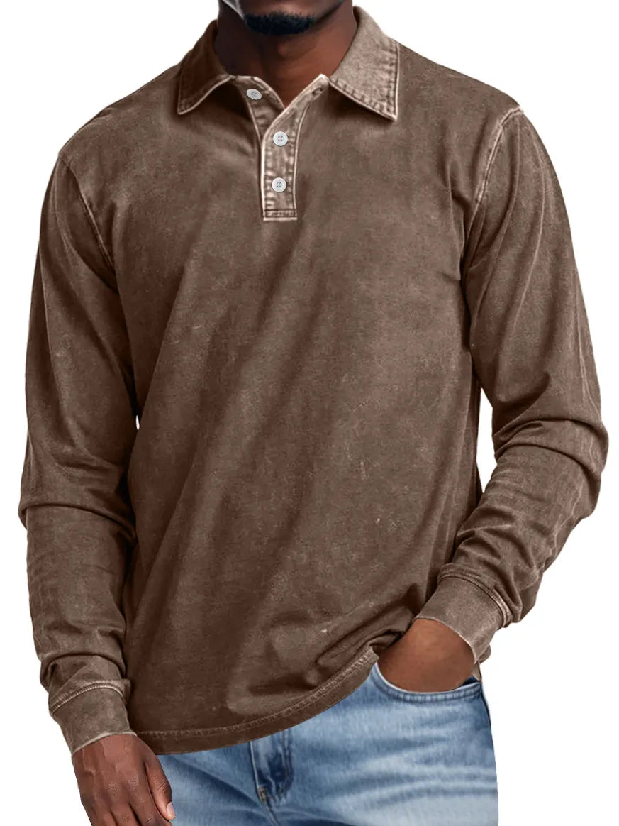 Vince | Men's Retro Lapel Button Casual Solid Colour Long Sleeve Polo Shirt