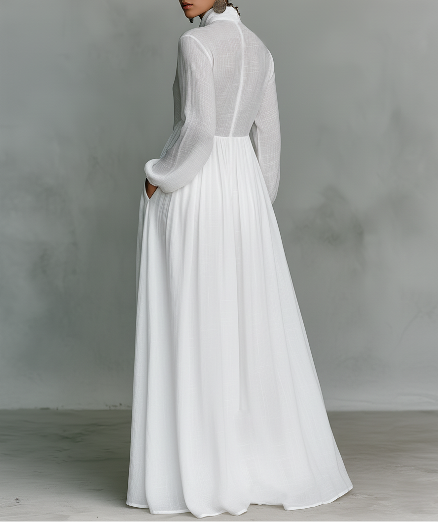 Elindra | Maxi Dress in Minimalist Style with Patchwork, High Collar and Long Sleeves