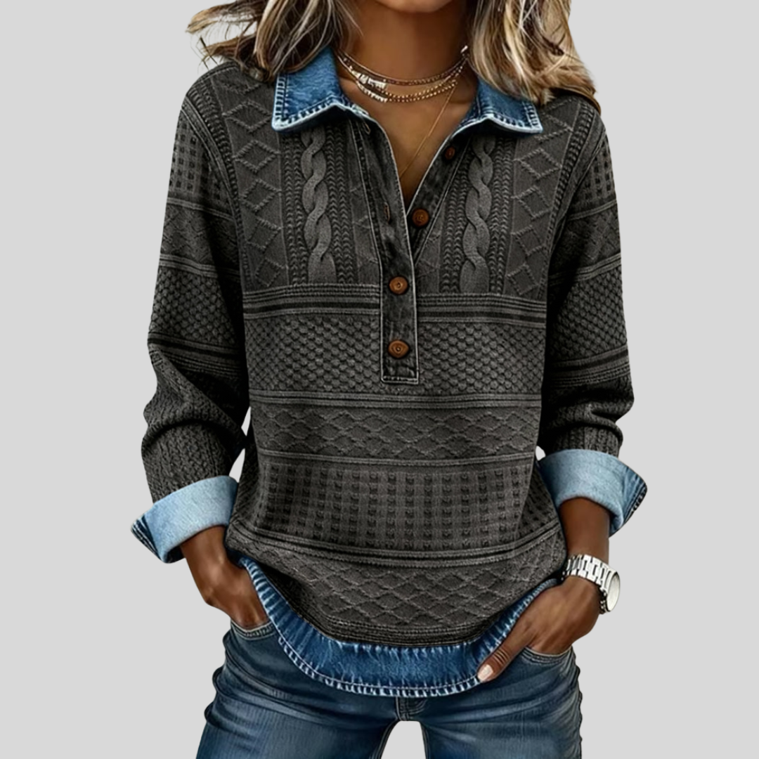 Amelia | Sweatshirt from Woven Jersey with Denim Details