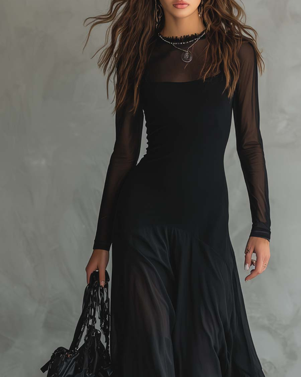 Neroa | Maxi Dress from Black Tulle in Relaxed Fit