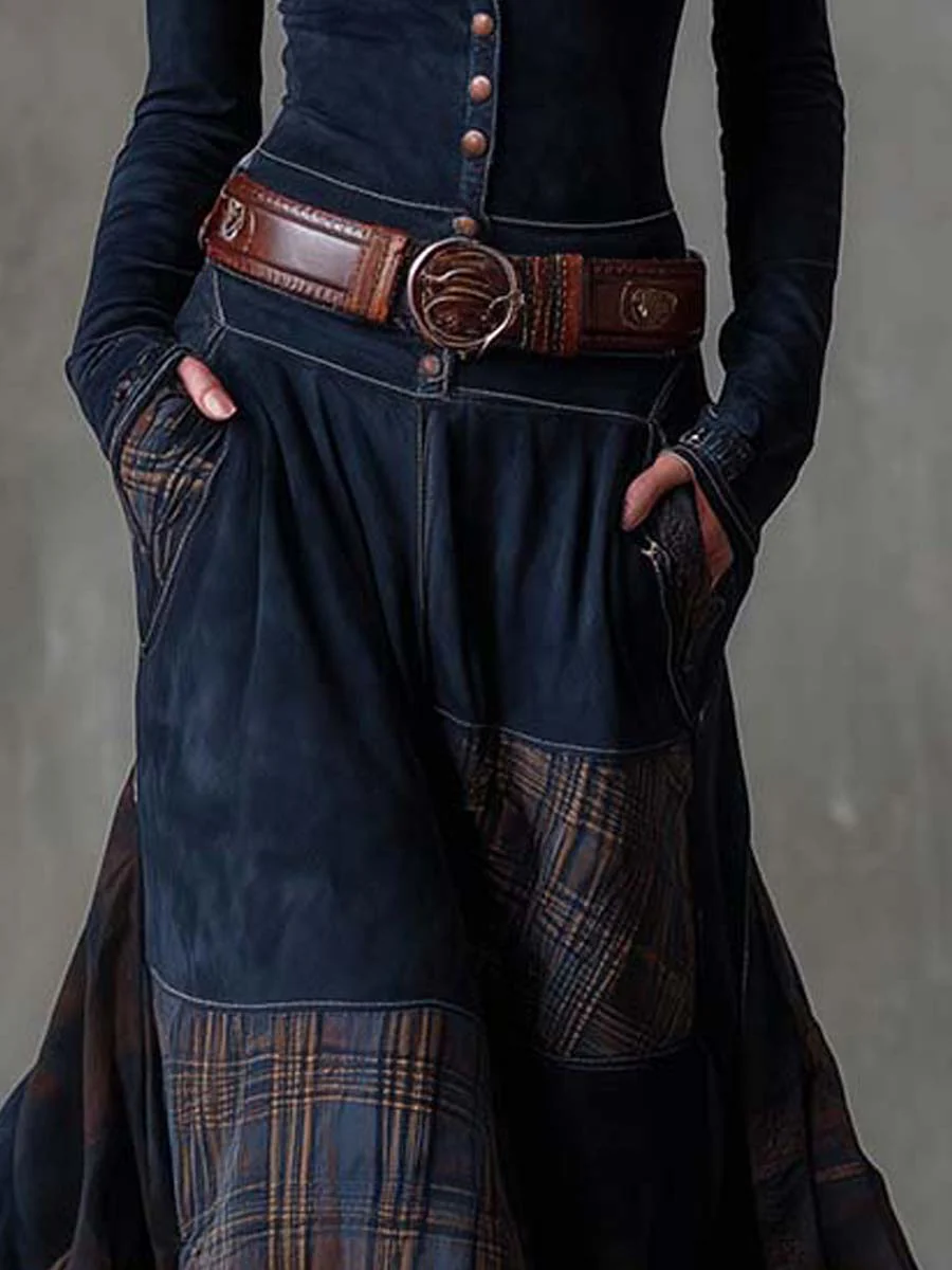 Leonora | Long Vintage Dress from Blue Checked Suede (including Belt)