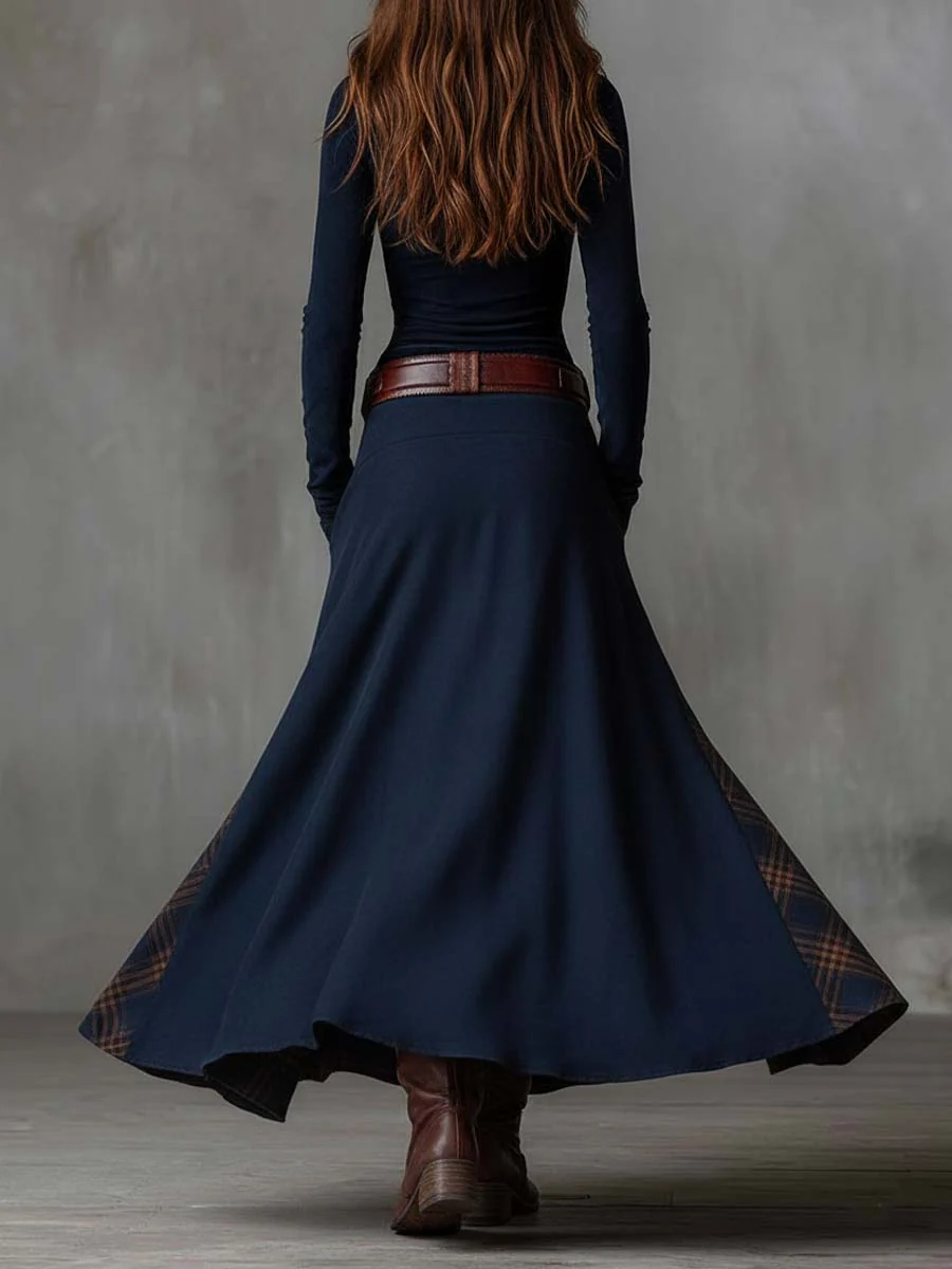 Leonora | Long Vintage Dress from Blue Checked Suede (including Belt)