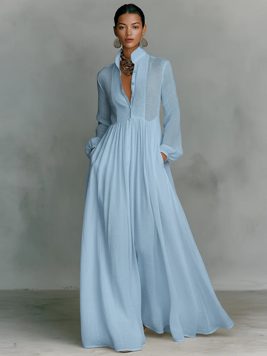 Elindra | Maxi Dress in Minimalist Style with Patchwork, High Collar and Long Sleeves