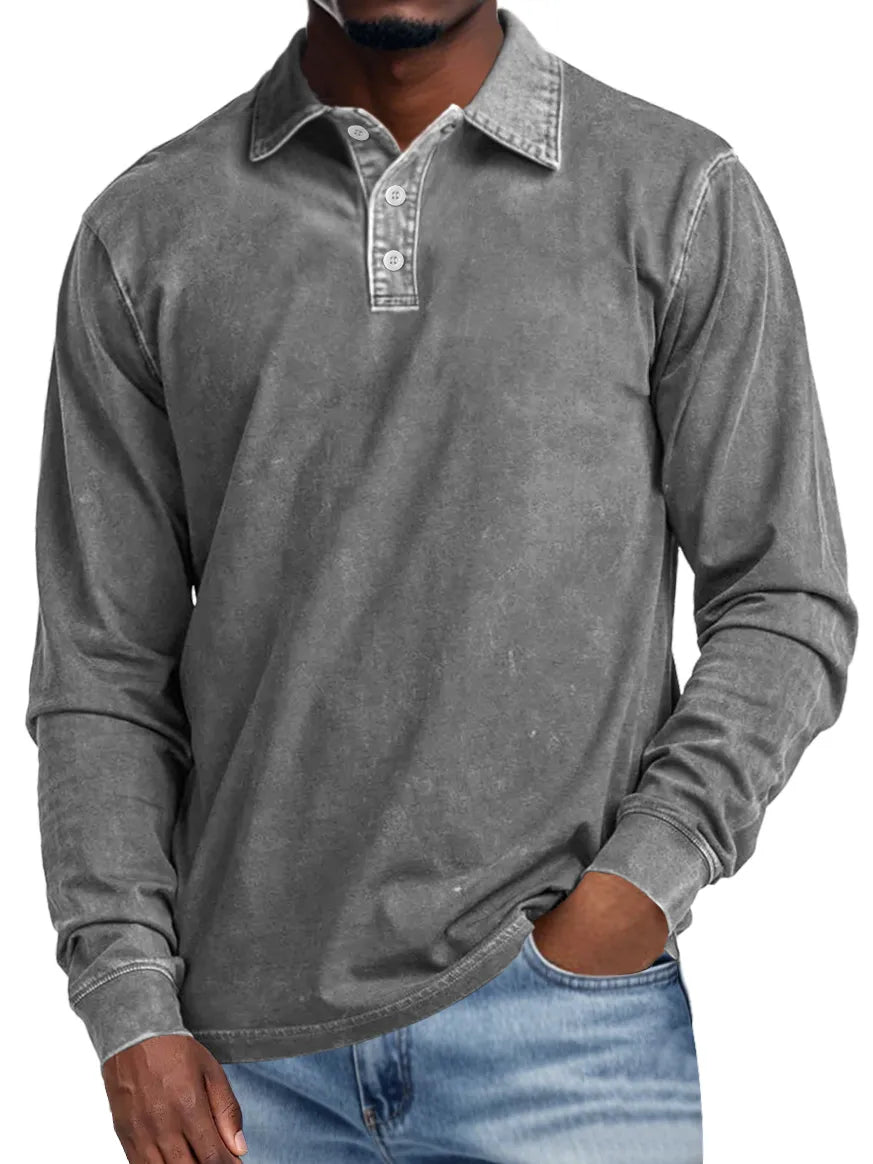 Vince | Men's Retro Lapel Button Casual Solid Colour Long Sleeve Polo Shirt