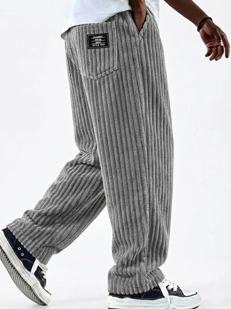 Arthur | Vintage Corduroy Textured Comfort Wide Striped Pants with Embroidered Minimalist Labels