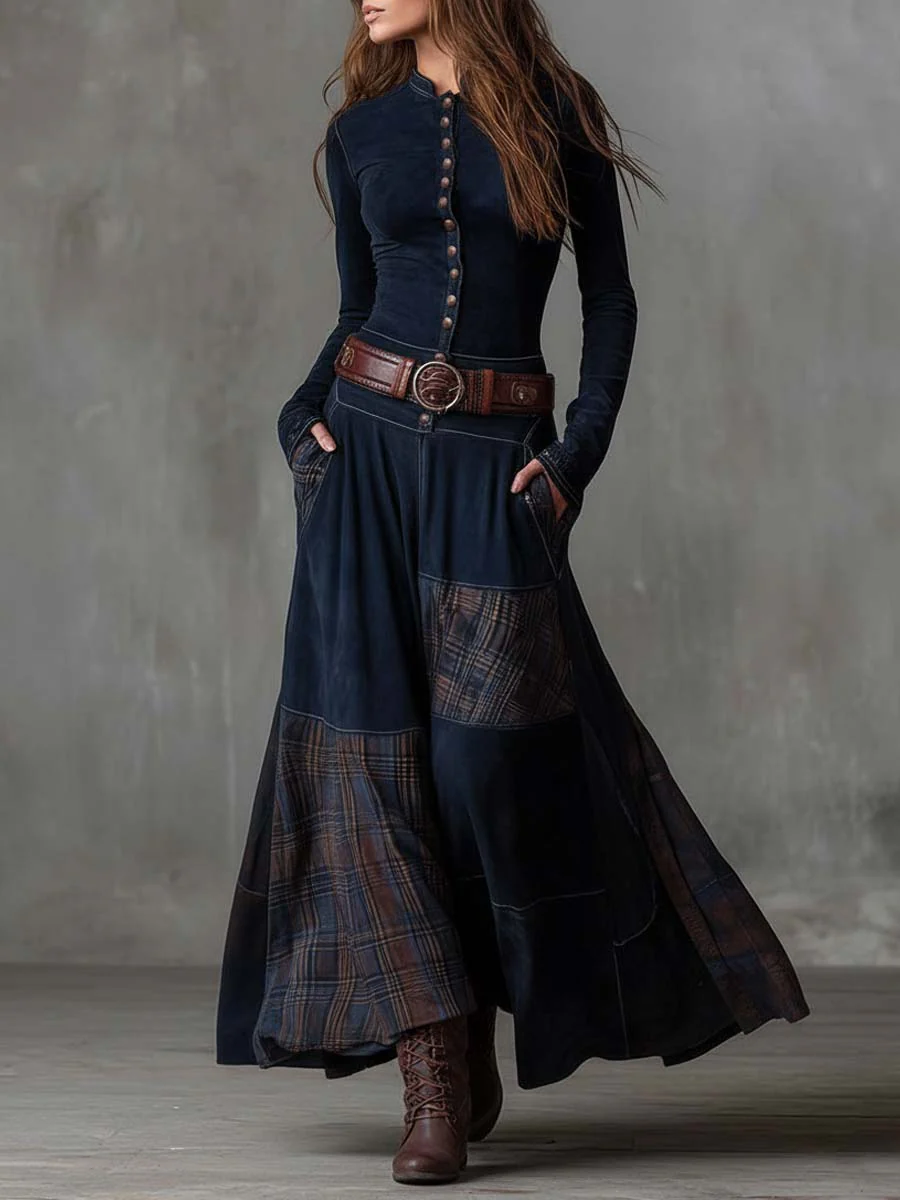 Leonora | Long Vintage Dress from Blue Checked Suede (including Belt)
