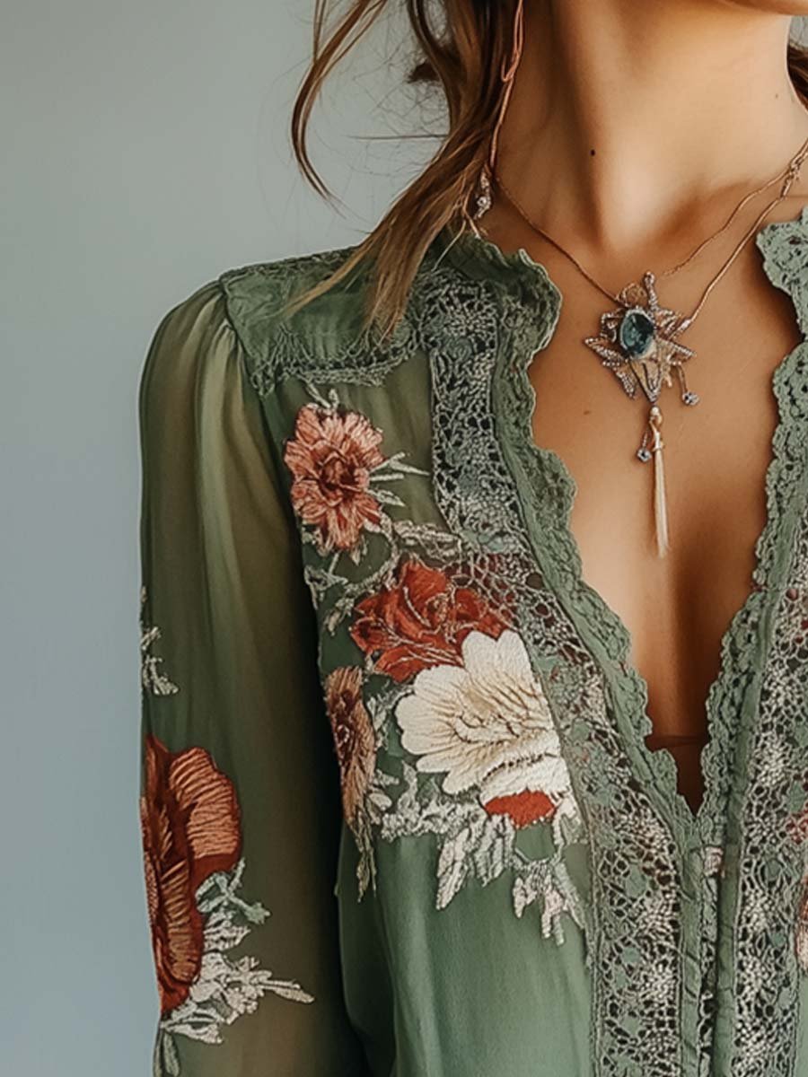 Aria | Floral Printed Bohemian Lace Blouse